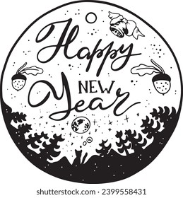 Artistic Lettering Happy New Year in Christmas tree ball.Handmade greeting illustration isolated on white bkgr.Design for poster,postcard,label,sticker,web,tshirt,print,stamp,ets