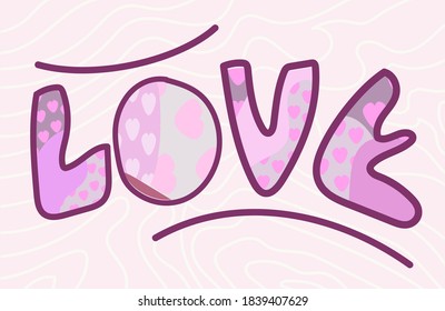 Diseño vectorial de letras artísticas de la palabra, amor, arte editable, imprimible para banners, carteles de tarjetas de felicitación, San Valentín de aniversario. corazones rosas en el alfabeto, fuente nueva. 