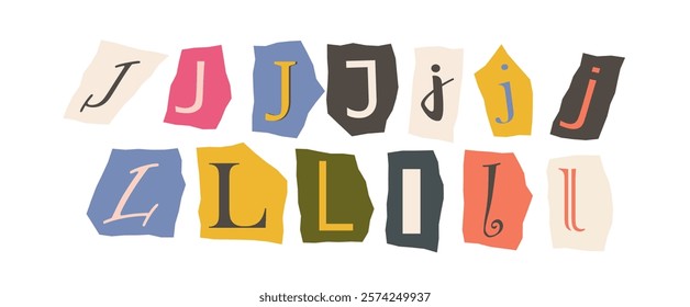 Artistic letters J and L in various styles on colorful torn paper shapes, creative composition on a white background. Concept of typography art. Vector illustration