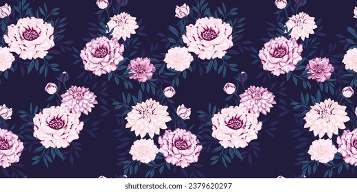 Artistic light flowers peonies, dahlia and leaves seamless pattern on a dark background. Vector hand drawn ornate floral print. Template for design, fabric, fashion, surface design, wallpaper