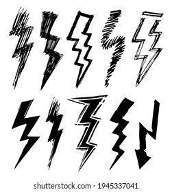 Artistic lightnings. Set of black and white lightning. Set of grungy lightning signs  