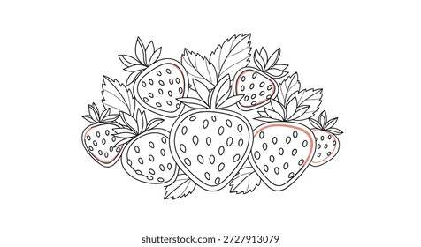 Composición artística de un manojo de fresas con hojas con sutiles acentos rojos para una ilustración de frutas limpia y moderna.