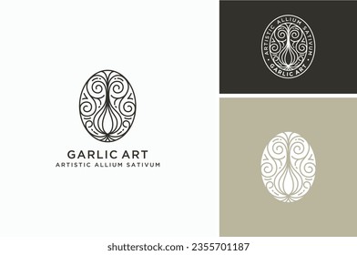 Artistic Line Art of Garlic Onion Shallot Kitchen Spice Ingredients with curly leaves and roots becaome tree of life symbol logo designs