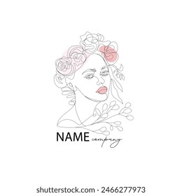 Artistic Line Art , Logo ,Line Drawing Elegant Line Art Drawing of a Woman With Floral Headpiece and Pink Accents. Linear stylized image of a beauty salon, health industry