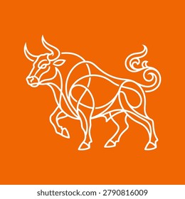 Artistic line drawing of a bull on a vibrant orange background