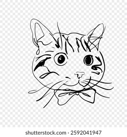 Artistic line drawing captures the playful essence of a cat adorned with a bow tie. Bold lines highlight expressive eyes and whiskers against a transparent background.