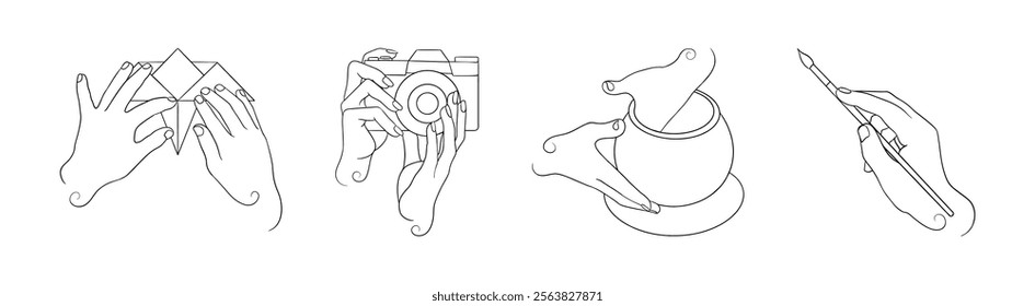 Artistic line drawing depicting creative hands engaged in origami, photography, grinding spices, and painting, symbolizing artistic passion