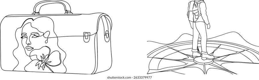 Artistic line drawing depicting travel themes with suitcase and explorer on a compass