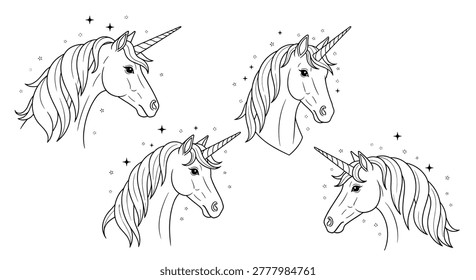 Artistic line drawing of four unicorn heads with spiral horns and magical stars, perfect for coloring books or whimsical fantasy decorations.