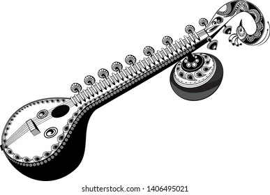 Artistic line drawing of Indian Classical Music Instrument Sitar with fine design peacock head illustration - Vector. Indian wedding clip art of Music instrument sitar with creative designs. 