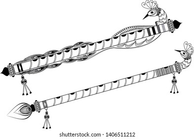 Artistic line drawing Indian Classical Music Instrument flute (bansuri) and fine design peacock head   feather illustration    Vector  Indian wedding clip art flute and peacock head line art 