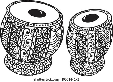 Artistic line drawing of Indian Classical Music fine designed Instrument Tabla illustration