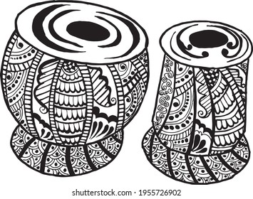 Artistic line drawing of Indian Classical Music fine designed Instrument Tabla black and white line art illustration.