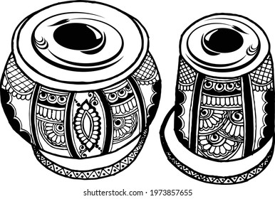 Artistic line drawing of Indian Classical Music fine designed Instrument Tabla black and white line art illustration.