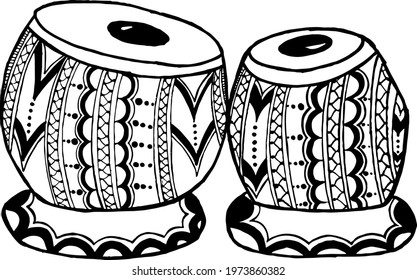 Artistic line drawing of Indian Classical Music fine designed Instrument Tabla black and white line art illustration.