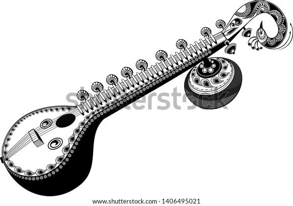 Artistic line drawing of Indian Classical Music\
Instrument Sitar with fine design peacock head illustration -\
Vector. Indian wedding clip art of Music instrument sitar with\
creative designs. 