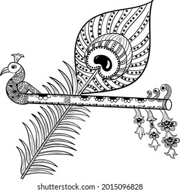 Artistic line drawing of Indian traditional   Music Instrument flute with fine design peacock head illustration - Vector
Indian god Lord Krishna Bansuri Line Art black and white clip art illustration.