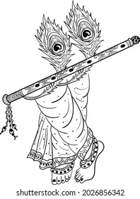 Artistic line drawing Indian traditional   Music Instrument flute and Indian lord krishna leg  illustration    Vector
Indian god Lord Krishna Bansuri Line Art black   white clip art illustration 