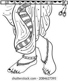 Artistic line drawing of Indian traditional   Music Instrument flute with Indian lord krishna leg  illustration - Vector
Indian god Lord Krishna Bansuri Line Art black and white clip art illustration.