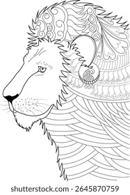 Desenho de Linha Artística de uma Cabeça de Leão em Perfil com Padrões Estilizados Detalhados e Mane, Ideal para Páginas de Coloração Adulto e Design.