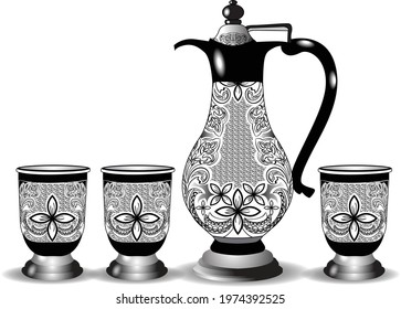 Artistic Line Drawing picture of a jug and a glass set with fine design. Beautiful designed jug and glass set. Black and white clipart jug and glass.