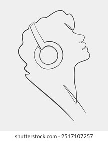 Artistic line drawing of a profile view of a person with headphones, conveying themes of music, relaxation, and audio enjoyment.