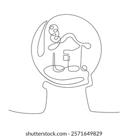 Artistic line drawing of a snow globe with a house and tree design inside