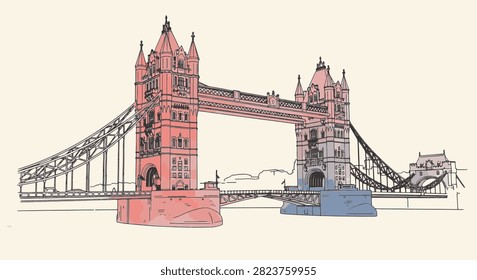 Artistic line drawing of Tower Bridge in London, United Kingdom, featuring pink and blue watercolor textures on architectural details against a light minimalist background.