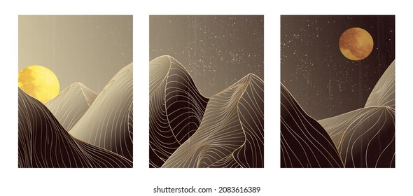 Artistic linear landscape print. Mountains and hills with golden lines sun and moon for interior design decoration, print, banner