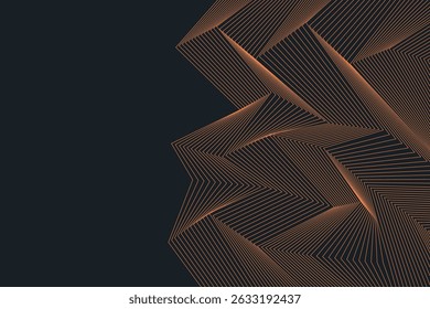 Artistic linear ornament made of polygonal forms and fine orange lines on a black canvas