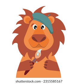 Artistic lion with a brush. Nursery poster.	