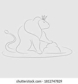 Artistic lion with a crown and a stone. Line, pencil, vector