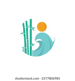 Artistic logo design composed of green bamboo, a flowing blue wave, and an orange sun. It conveys a connection with nature, tranquility, and harmony through simple, modern graphic shapes and colors.