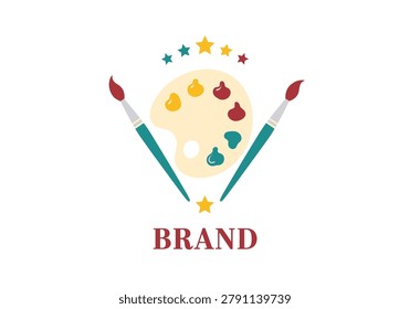 Artistic logo featuring a painter's palette, two brushes, and colorful stars, with a modern "BRAND" text beneath