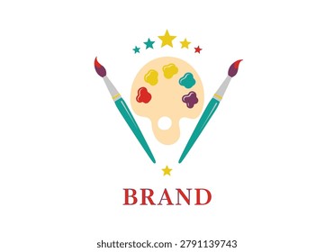 Artistic logo featuring a painter's palette, two brushes, stars, and the word 'BRAND'