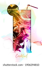 Artistic lone island cocktail silhouette with alcohol ink texture. Marble texture background