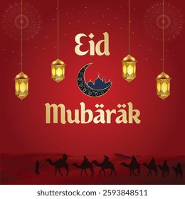 Artistic luxury Eid greeting card with stylish red gradient background with star, moon and Islamic light design template