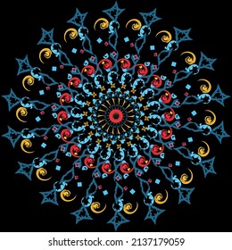 Un diseño artístico de mandala con fondo negro.