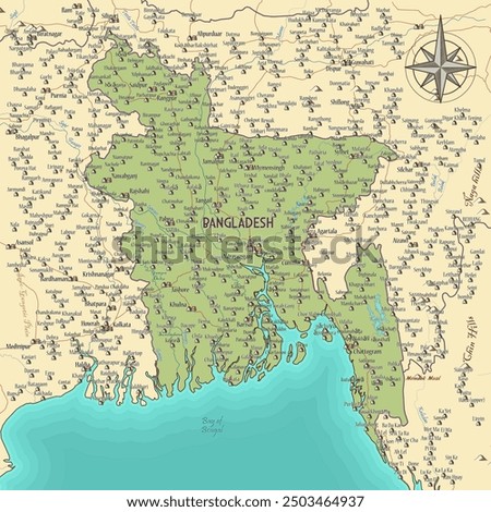 Artistic map of Bangladesh vintage fantasy style