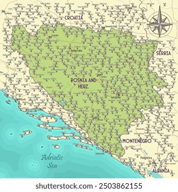 Artistic map of Bosnia and Herzegovina vintage fantasy style