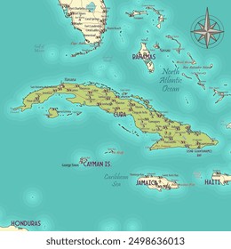 Artistic map of Cuba vintage fantasy style