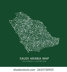 Mapa artístico de Arabia Saudita diseñado con trazos de caligrafía árabe, combinando identidad nacional y tipografía tradicional en un estilo visual moderno