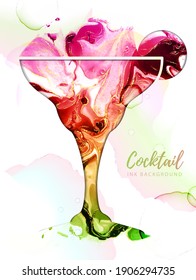 Artistic margarita cocktail silhouette with alcohol ink texture. Marble texture background