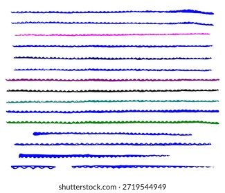Líneas de marcadores artísticos, divisores en zig zag y rayas de pintura para el Diseño gráfico. Vector dibujado a mano pinceladas de colores y subrayados ondulados conjunto aislado sobre fondo blanco.