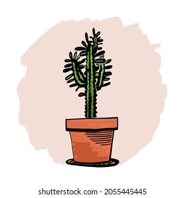 Esbozo artístico, de marcadores de la planta triangular de la planta de pulverización, icono del círculo de la planta de euphorbia podada, pegatina, etiqueta. Ilustración aislada de vector dibujado a mano.