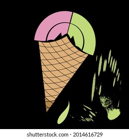 Artistic melting ice cream logo pink and green in a wafer cranet. Showing image in black negative background.