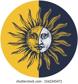 Artistic Mexican sun and moon illustration. Two faced ,hand drawing type