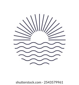 Um logotipo artístico minimalista de forma redonda que retrata uma paisagem de sol e onda em estilo de linha fina simples