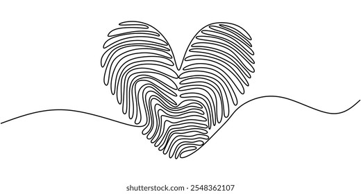 Ilustración artística minimalista de una línea que muestra las huellas dactilares formando un corazón, transmitiendo temas de amor, identidad y unidad.