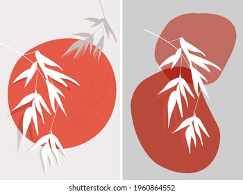 Artistic minimalistic abstract landscape of bamboo leaves on a background of simple shapes, sun. Japanese style. Vector graphics.